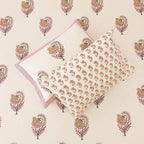 Cream pink boota block print cotton pillow cover 17x27 inch matching king bed sheet set