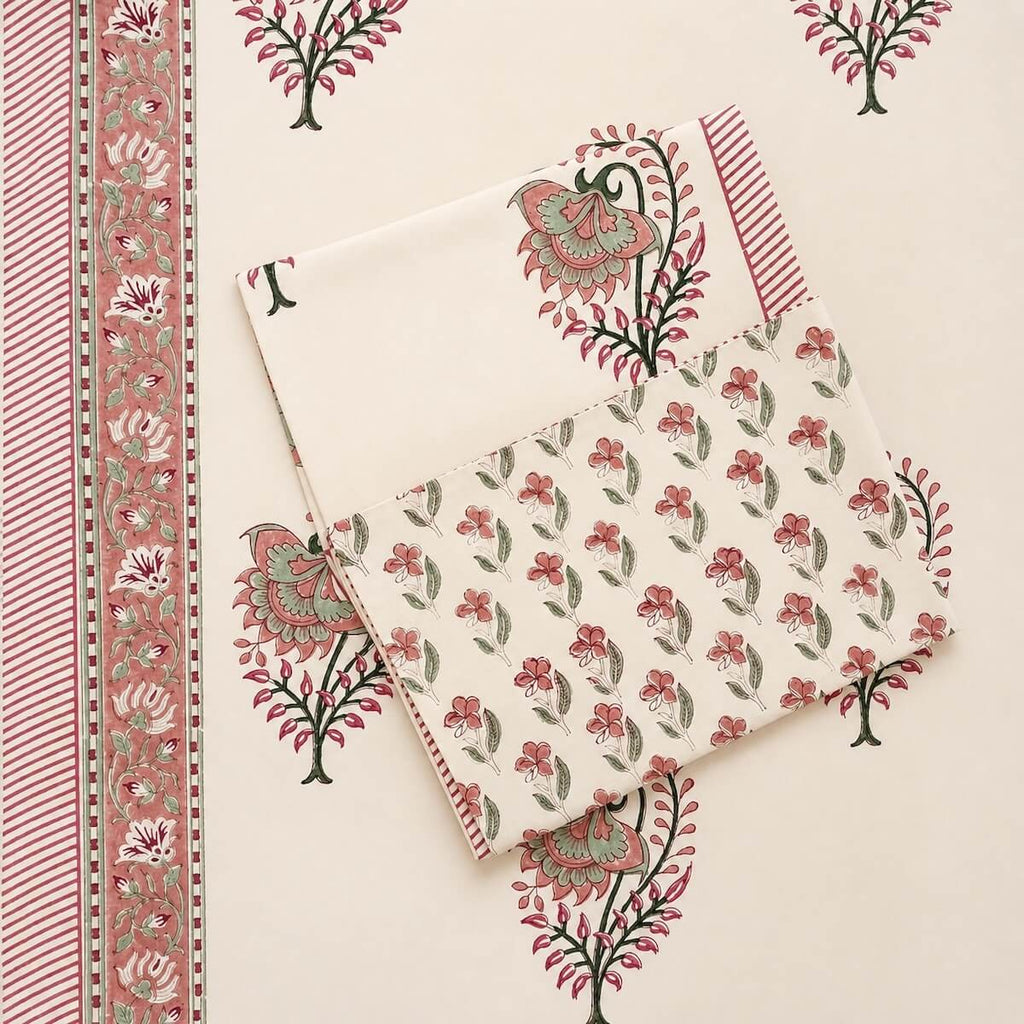 Hand block printed cream pink boota floral cotton king size bed sheet folded 108x108 inch
