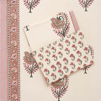Hand block printed cream pink boota floral cotton king size bed sheet folded 108x108 inch
