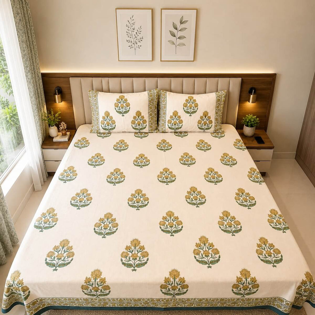 Cream blue Jaipur boota floral block printed cotton king size bed sheet set styled on bed 108x108 inch
