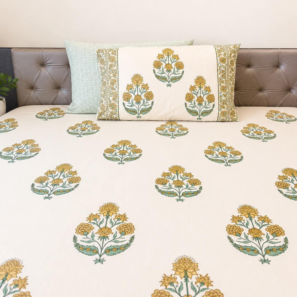 Cream blue boota floral block print cotton king size bed sheet with pillow covers 108x108 inch