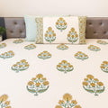 Cream blue boota floral block print cotton king size bed sheet with pillow covers 108x108 inch