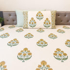 Cream blue boota floral block print cotton king size bed sheet with pillow covers 108x108 inch