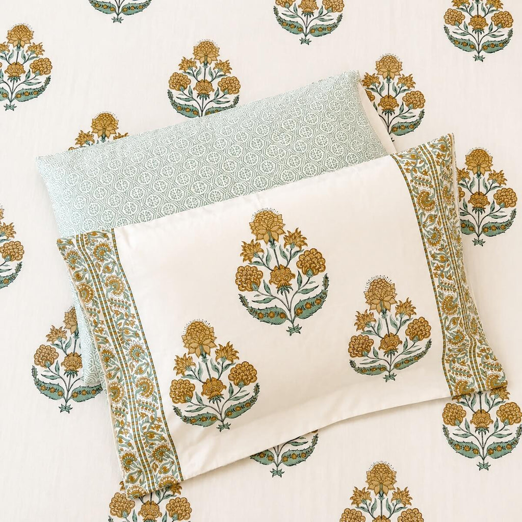 Cream blue boota block print cotton pillow cover 17x27 inch matching king bed sheet set