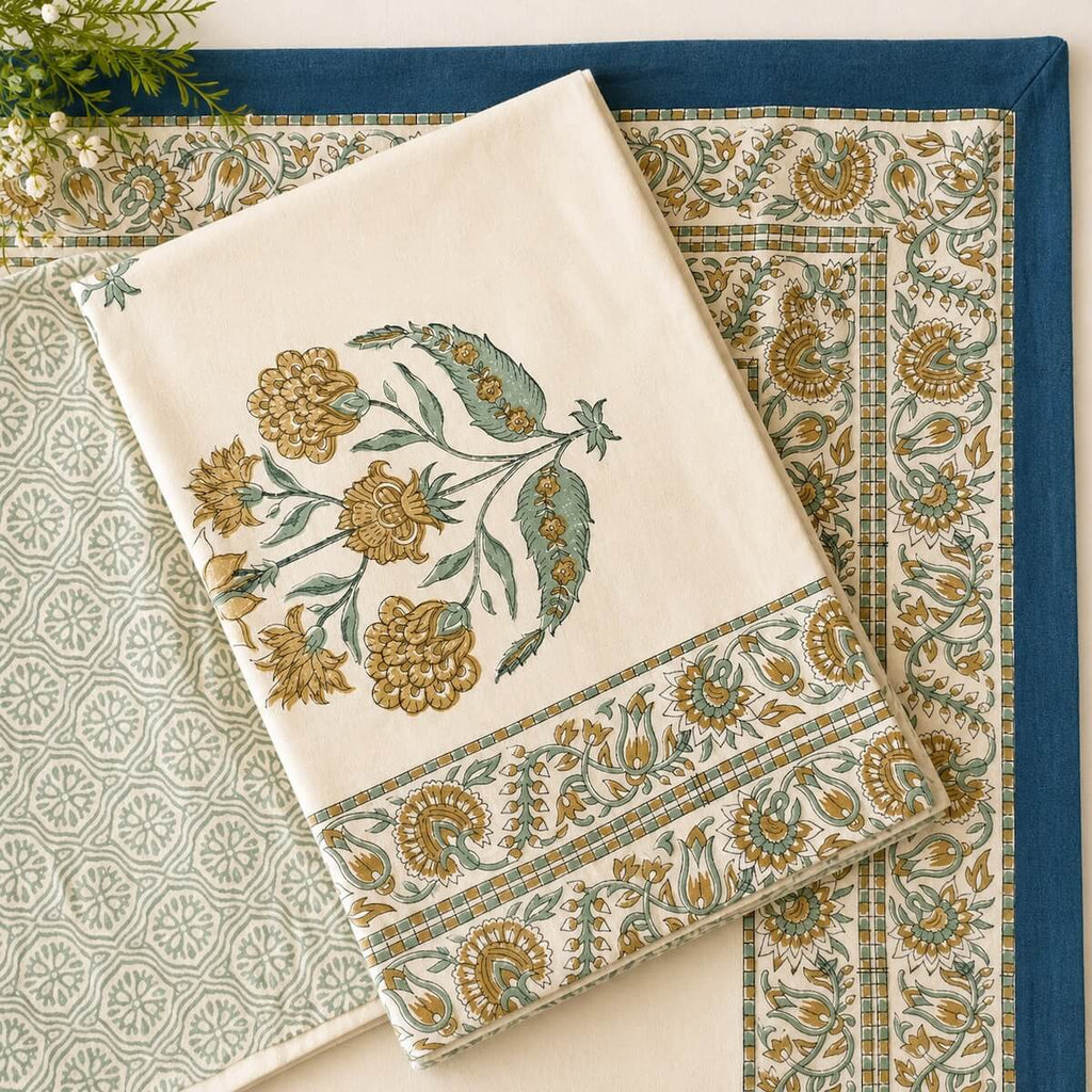Hand block printed cream blue boota floral cotton king size bed sheet folded 108x108 inch