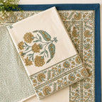 Hand block printed cream blue boota floral cotton king size bed sheet folded 108x108 inch