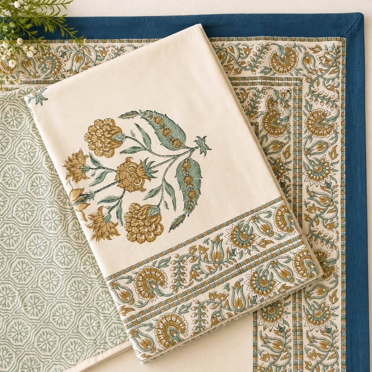 Hand block printed cream blue boota floral cotton king size bed sheet folded 108x108 inch