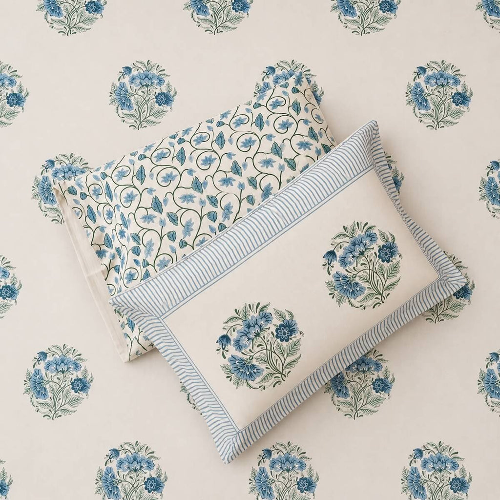 Cream blue medallion block print cotton pillow cover 17x27 inch matching king bed sheet set