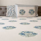 cream blue medallion floral block print cotton king size bed sheet with pillow covers 108x108 inch