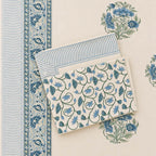 Hand block printed cream blue medallion floral cotton king size bed sheet folded 108x108 inch