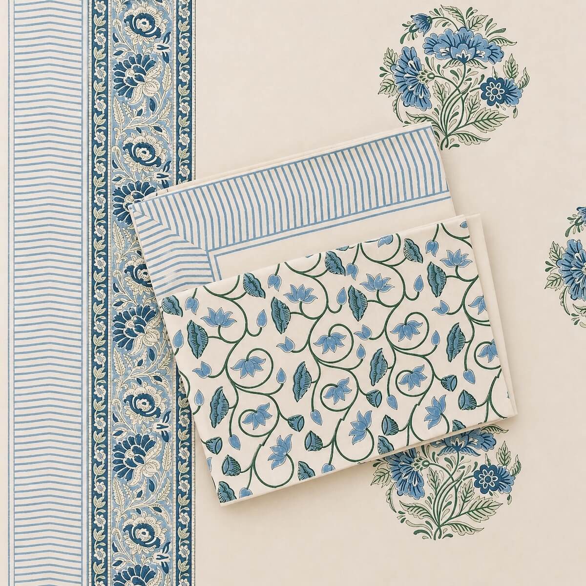 Hand block printed cream blue medallion floral cotton king size bed sheet folded 108x108 inch