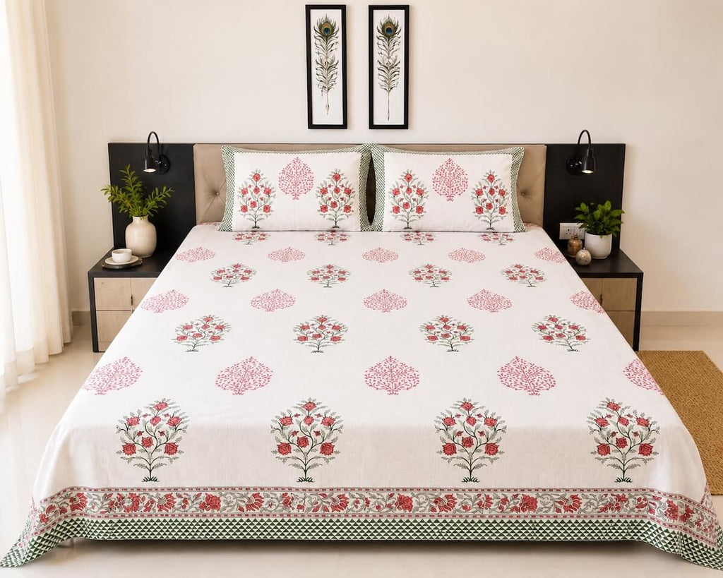 Cream maroon Jaipur boota floral block printed cotton king size bed sheet set styled on bed 108x108 inch