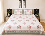 Cream maroon Jaipur boota floral block printed cotton king size bed sheet set styled on bed 108x108 inch