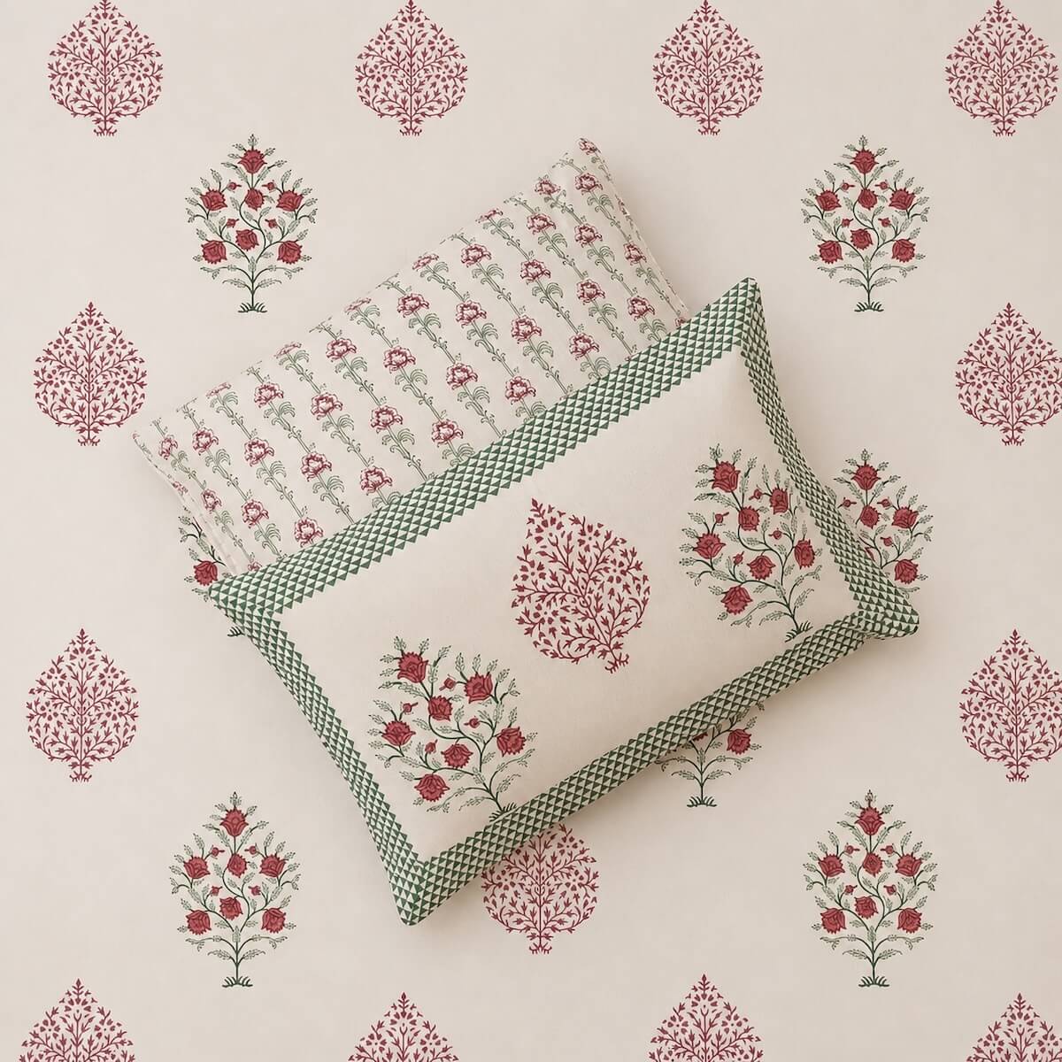 Cream maroon boota block print cotton pillow cover 17x27 inch matching king bed sheet set