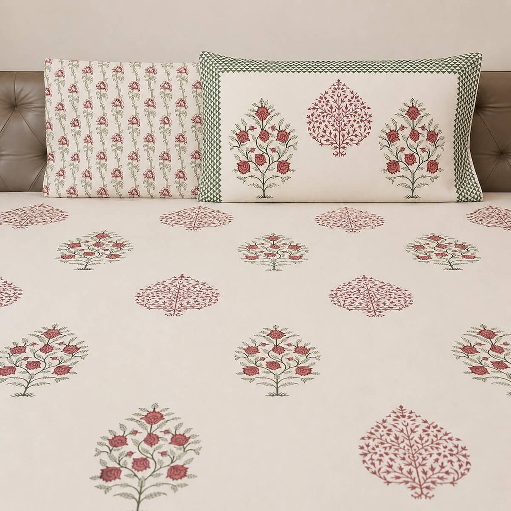 Cream maroon boota floral block print cotton king size bed sheet with pillow covers 108x108 inch