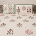 Cream maroon boota floral block print cotton king size bed sheet with pillow covers 108x108 inch