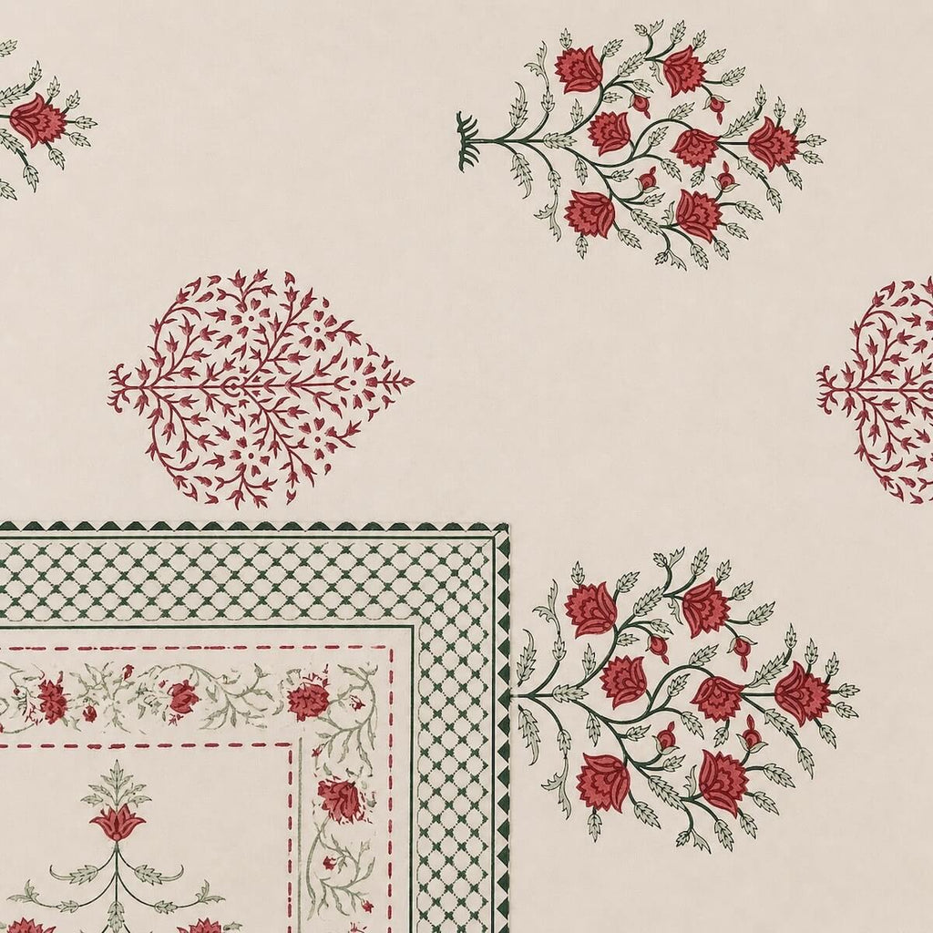 Close up of cream maroon Jaipur boota floral hand block print pattern on 100% cotton bed sheet