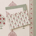 Hand block printed cream maroon boota floral cotton king size bed sheet folded 108x108 inch