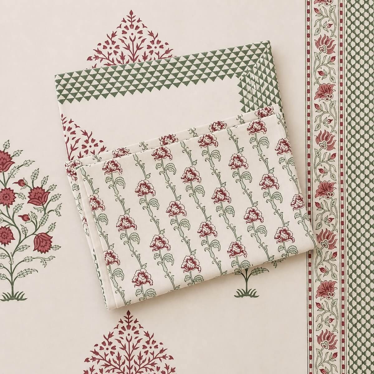 Hand block printed cream maroon boota floral cotton king size bed sheet folded 108x108 inch