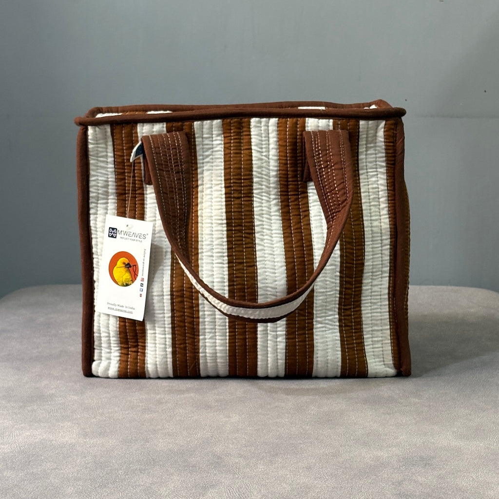 Coffee Stripes Quilted Cotton Lunch Bag size 12 x 12 inch
