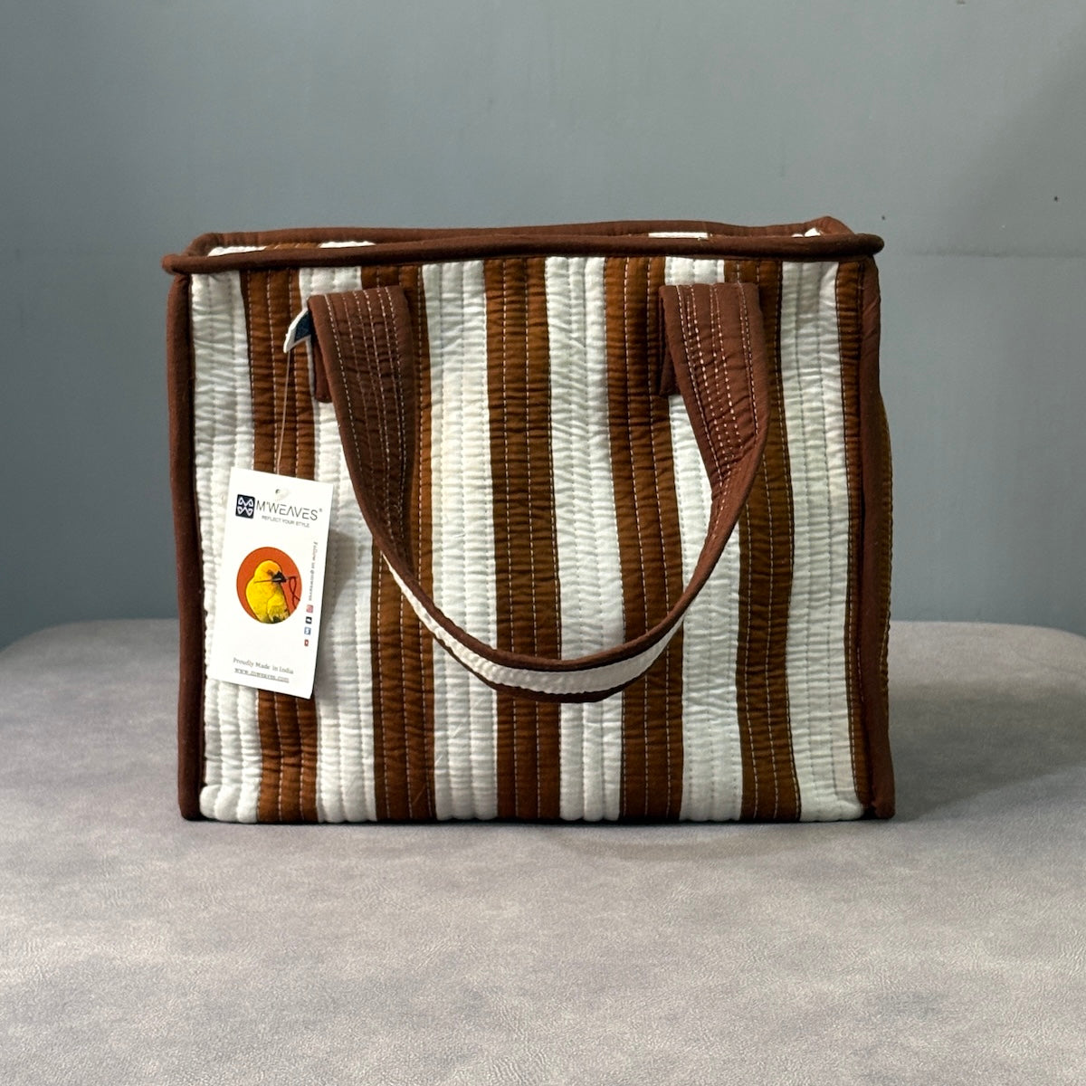 Coffee Stripes Quilted Cotton Lunch Bag size 12 x 12 inch