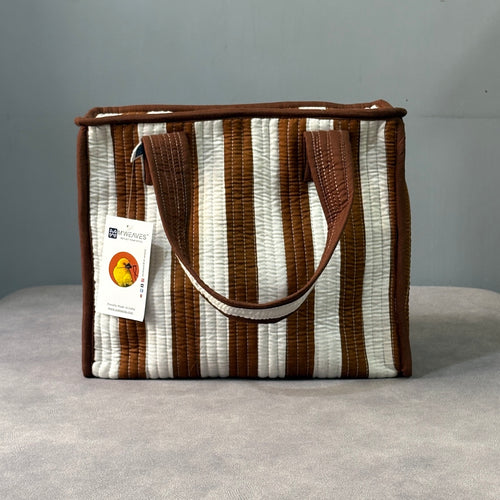 Coffee Stripes Quilted Cotton Lunch Bag size 12 x 12 inch