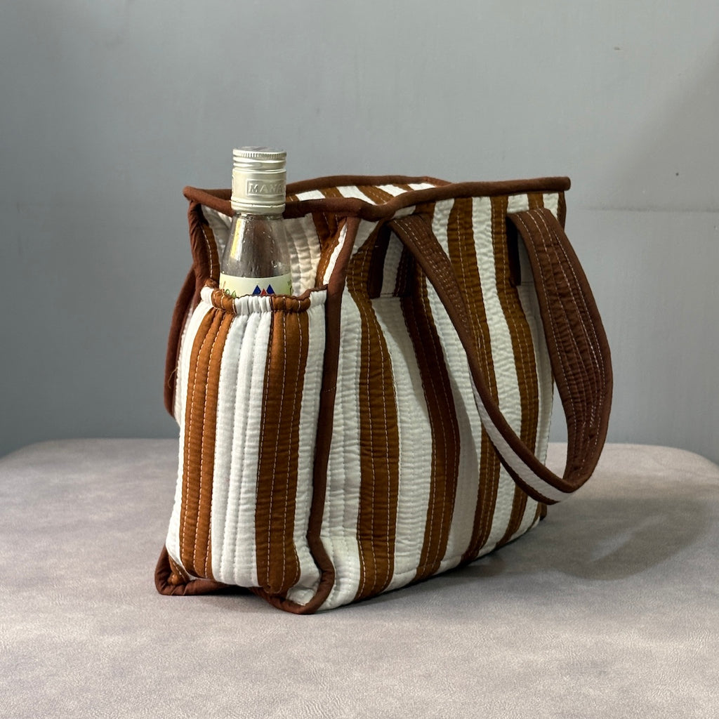 Coffee Stripes Quilted Cotton Lunch Bag size 12 x 12 inch