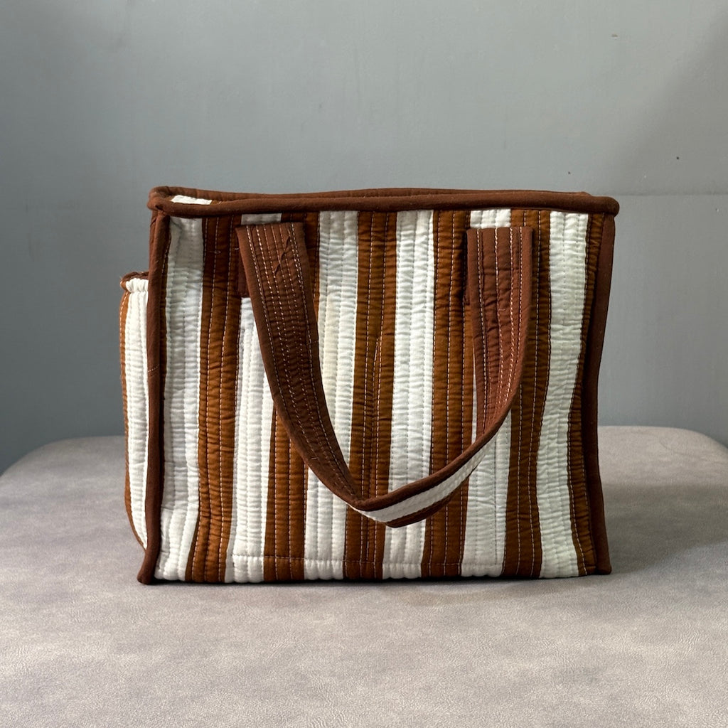 Coffee Stripes Quilted Cotton Lunch Bag size 12 x 12 inch