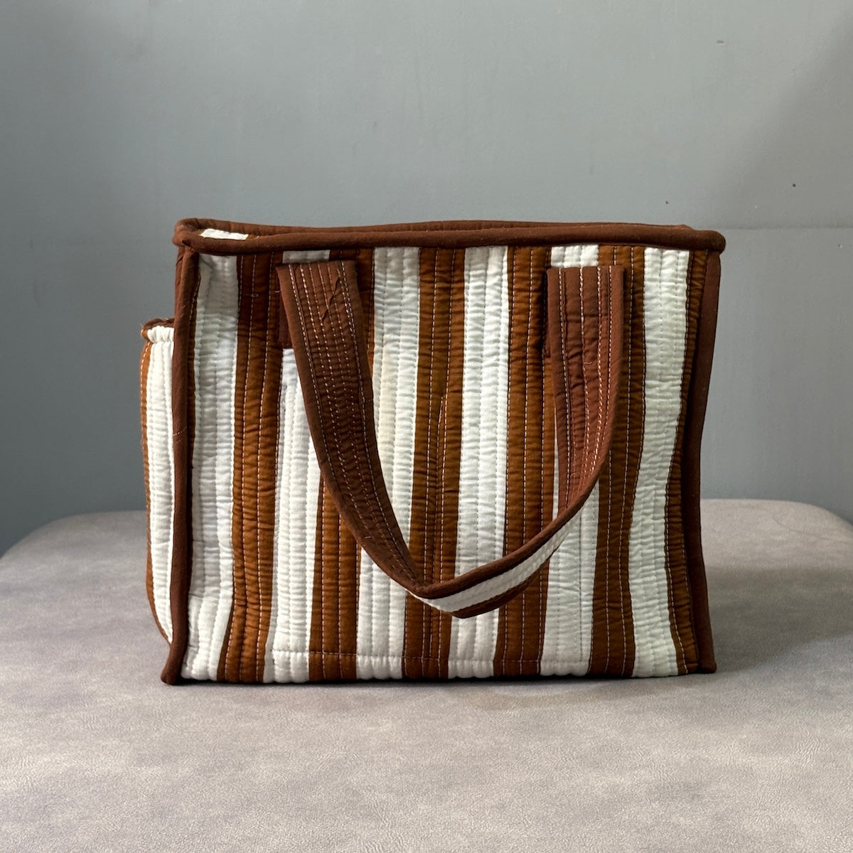 Coffee Stripes Quilted Cotton Lunch Bag size 12 x 12 inch