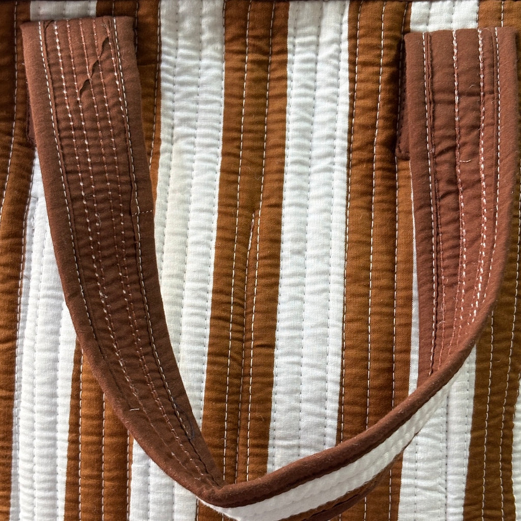 Coffee Stripes Quilted Cotton Lunch Bag size 12 x 12 inch