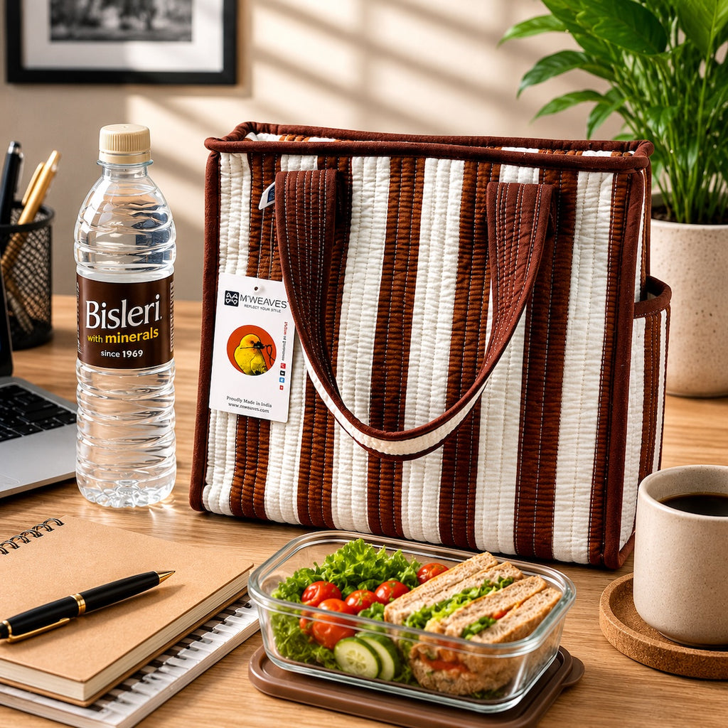 Coffee Stripes Quilted Cotton Lunch Bag size 12 x 12 inch