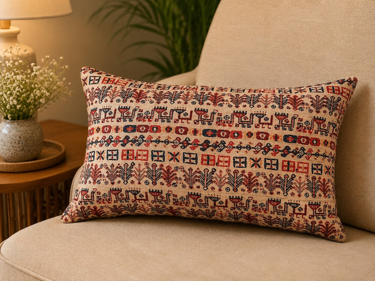 Abstract Printed Beige Khadi Art Silk Lumbar Cushion Cover with filler 12 x 20 inch