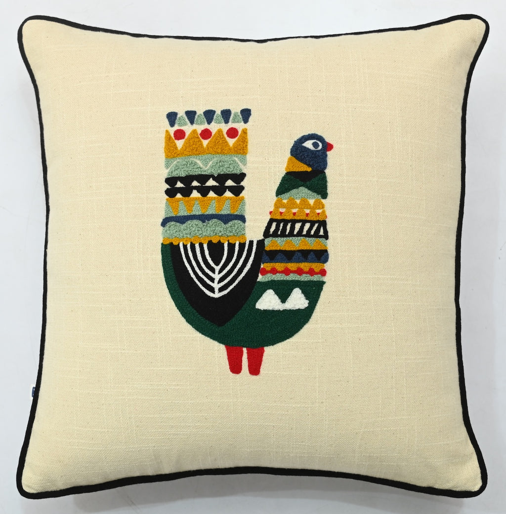 Hand Embroidery Suzani Peacock Cream Slub Cotton Cushion Cover Size 16"x16"