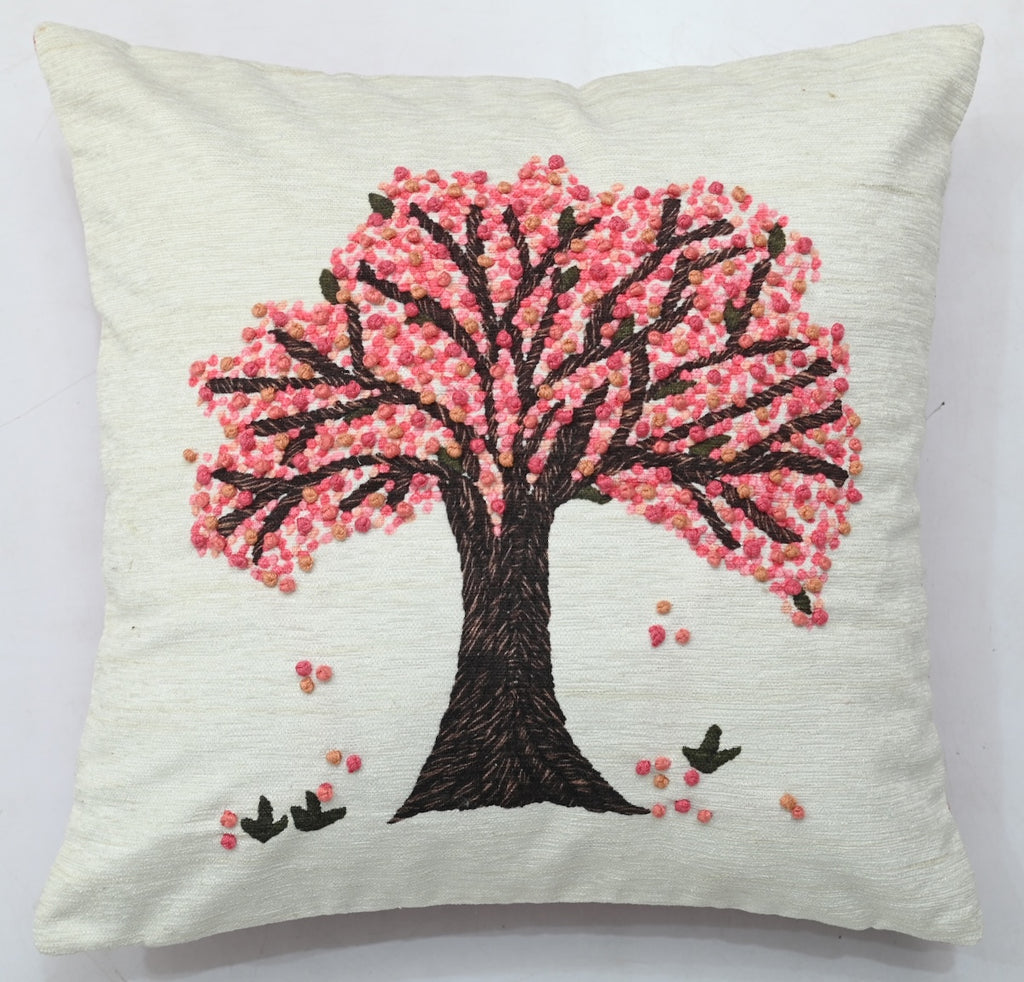 Tree of Life Hand Knot Embroidery and Print  Art Silk Cheneil Weave Offwhite and Pink Cushion Cover Size 16"x16"