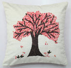 Tree of Life Hand Knot Embroidery and Print  Art Silk Cheneil Weave Offwhite and Pink Cushion Cover Size 16"x16"