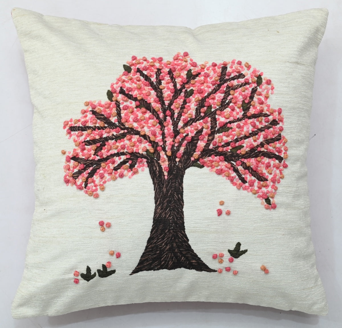 Tree of Life Hand Knot Embroidery and Print  Art Silk Cheneil Weave Offwhite and Pink Cushion Cover Size 16"x16"