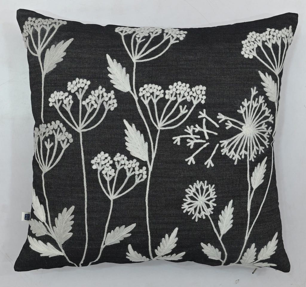 Aari Embroidered White Spring Blossom Design Black Denim Cushion Cover  Size 16"x16"