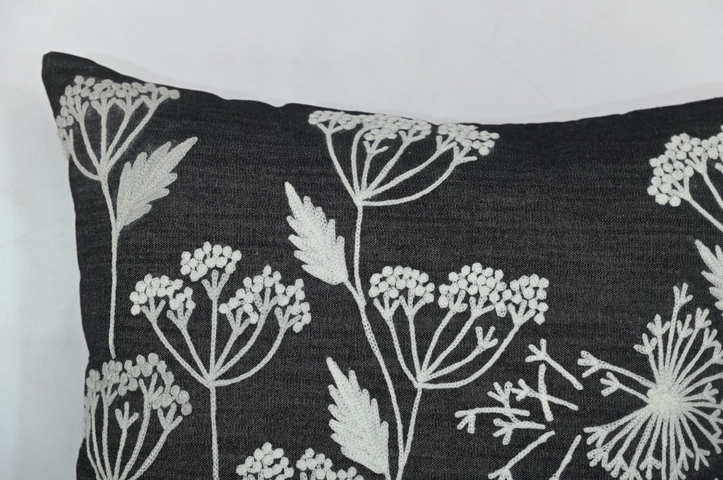 Aari Embroidered White Spring Blossom Design Black Denim Cushion Cover  Size 16"x16"