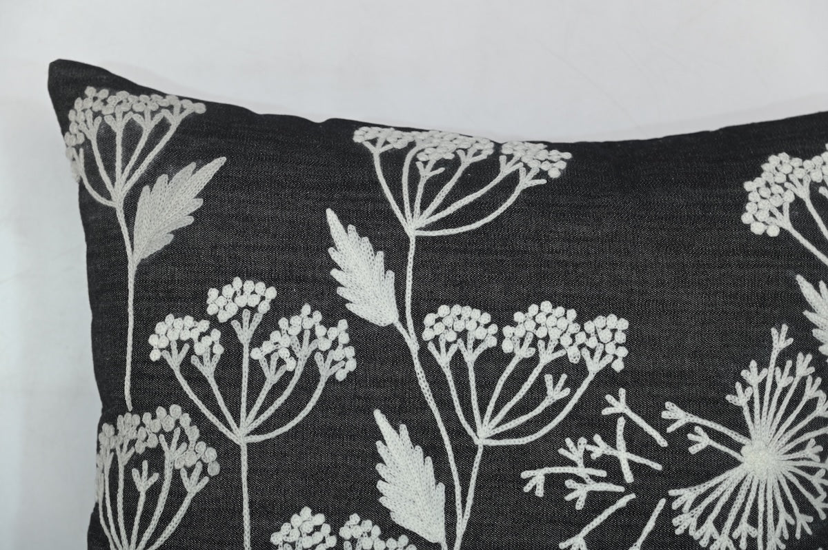 Aari Embroidered White Spring Blossom Design Black Denim Cushion Cover  Size 16"x16"