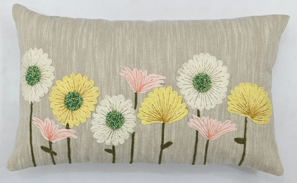 Handcrafted Decorative Floral Embroidered Beige Cotton Lumbar Cushion Cover with filler 12 x 20 inch