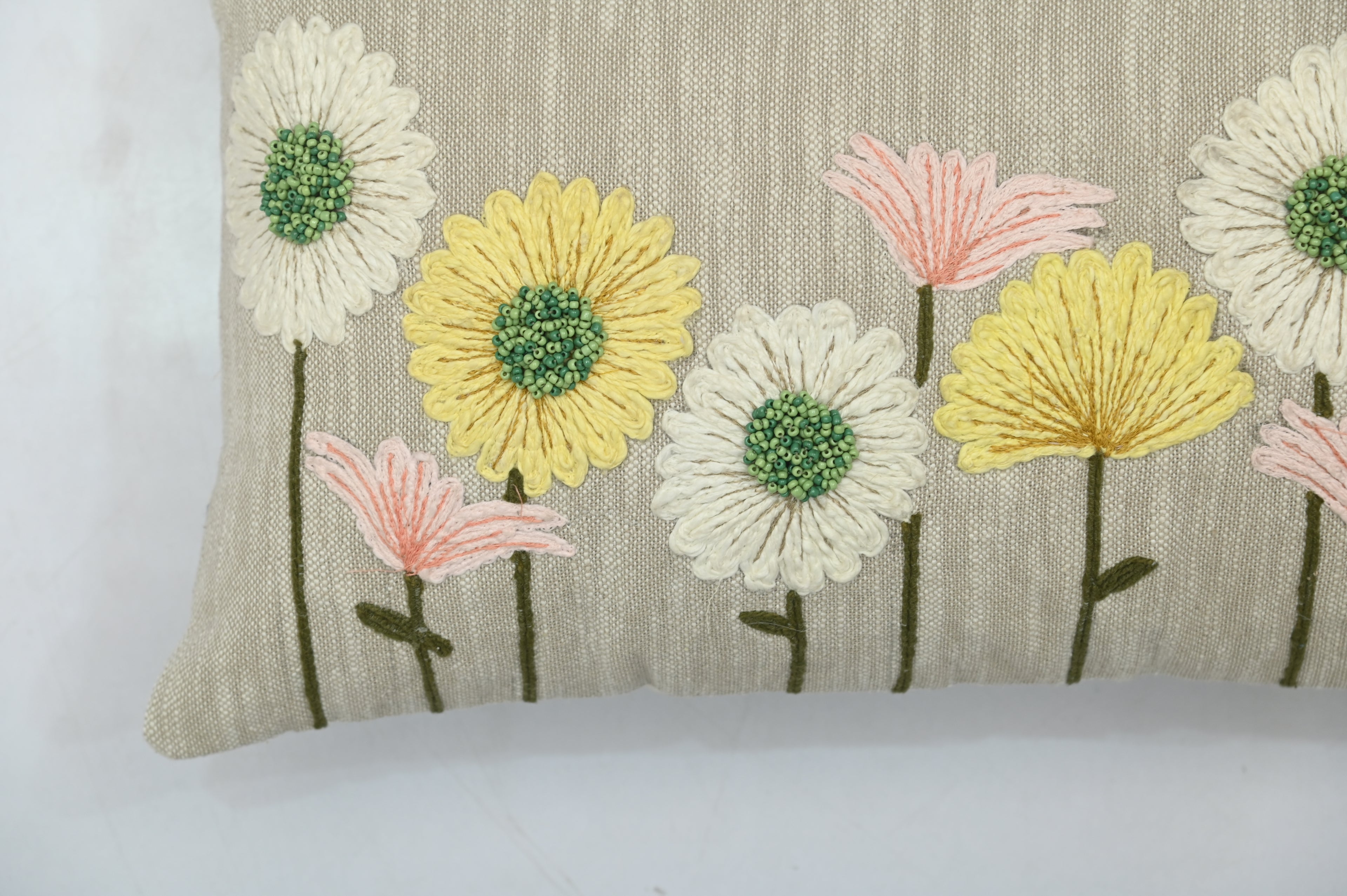 Handcrafted Decorative Floral Embroidered Beige Cotton Lumbar Cushion Cover with filler 12 x 20 inch