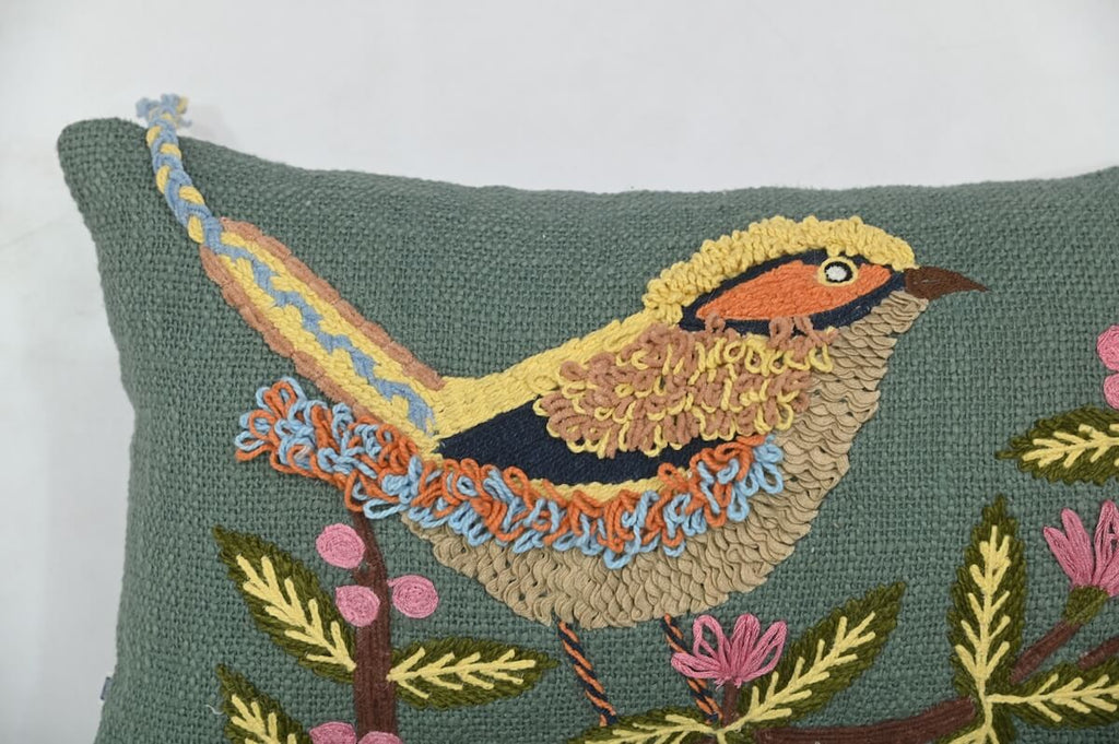 Handcrafted Decorative Chirpy Bird Embroidered Blue_Green Cotton Lumbar Cushion Cover with filler 12 x 18 inch