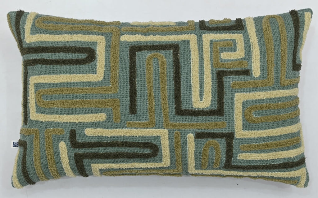 Boho Tufted Darwin Embroidered Blue_Green Cotton Lumbar Cushion Cover with filler 12 x 20 inch