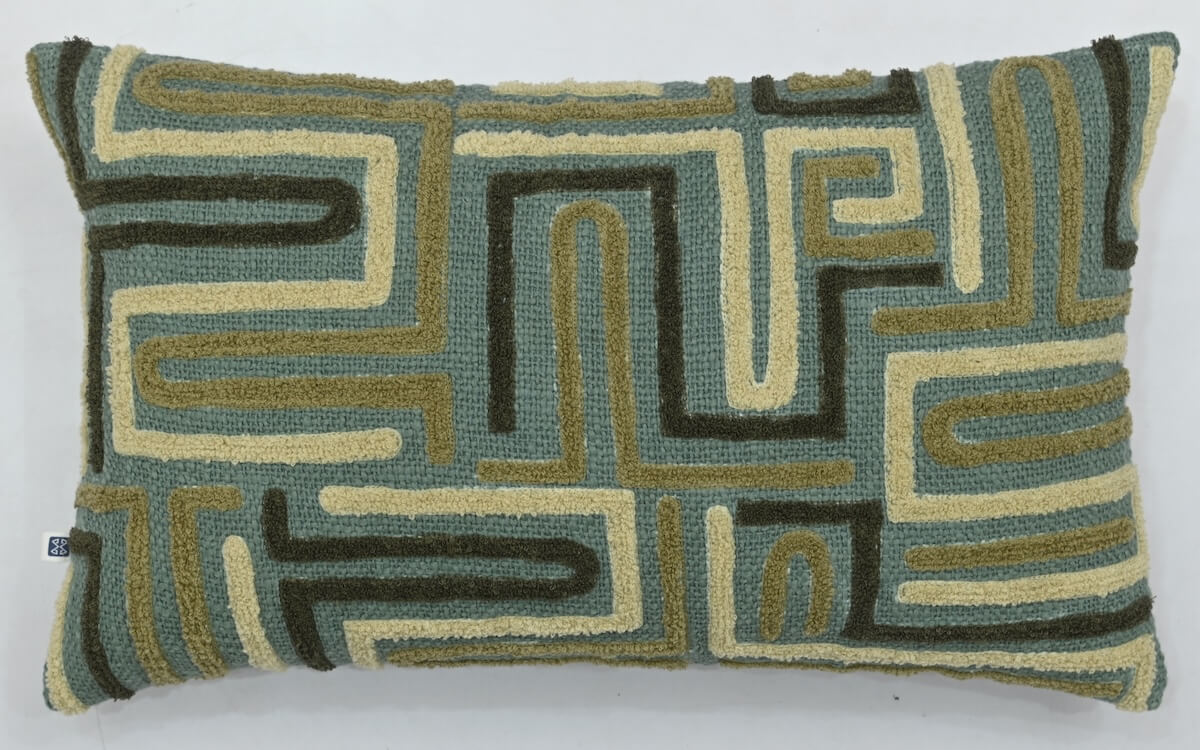 Boho Tufted Darwin Embroidered Blue_Green Cotton Lumbar Cushion Cover with filler 12 x 20 inch