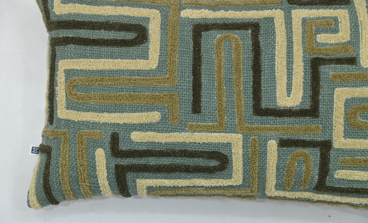 Boho Tufted Darwin Embroidered Blue_Green Cotton Lumbar Cushion Cover with filler 12 x 20 inch