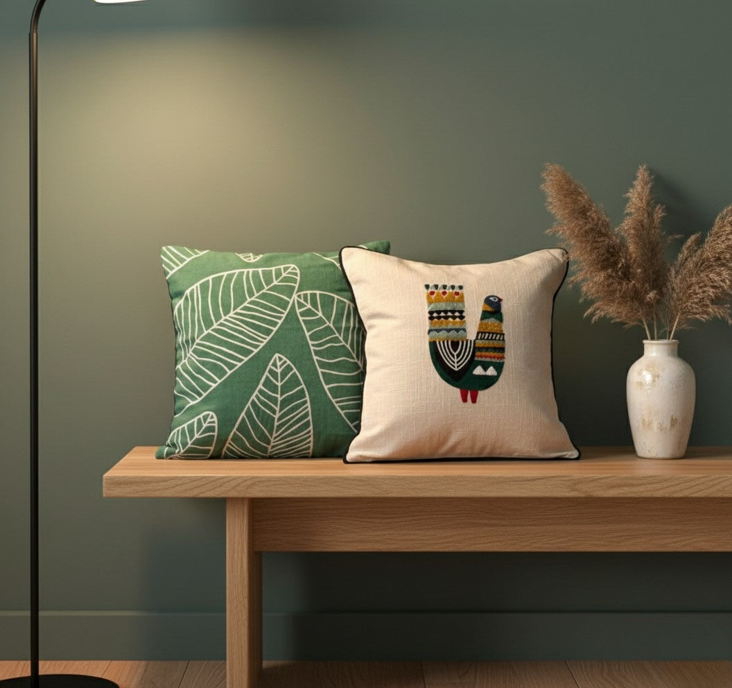 Decorative Snowy Leaves PeacockCotton Cushion Cover GreenOffwhite Set of 2 16 x 16 inch