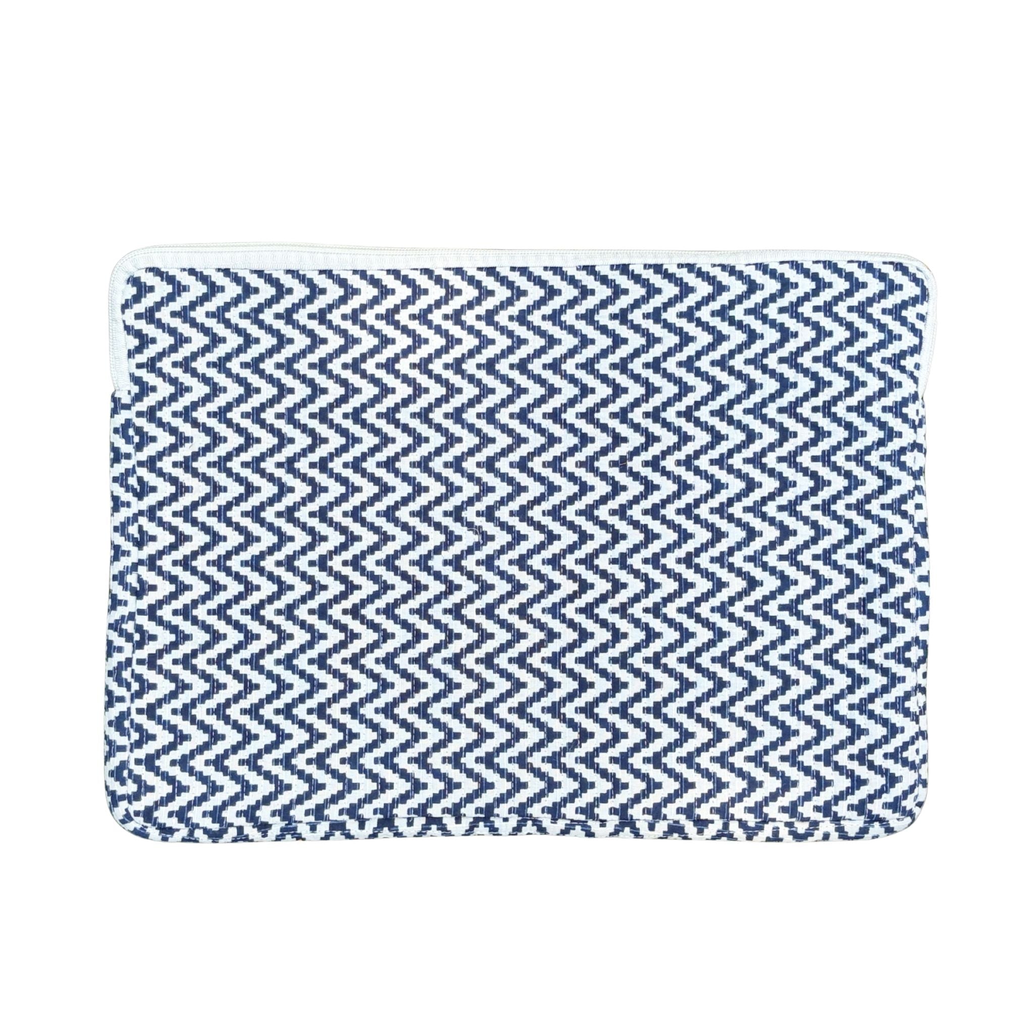 Desert Drift  Block Print Quilted  Cotton Laptop Sleeve with Front Pocket Blue 10"x15"