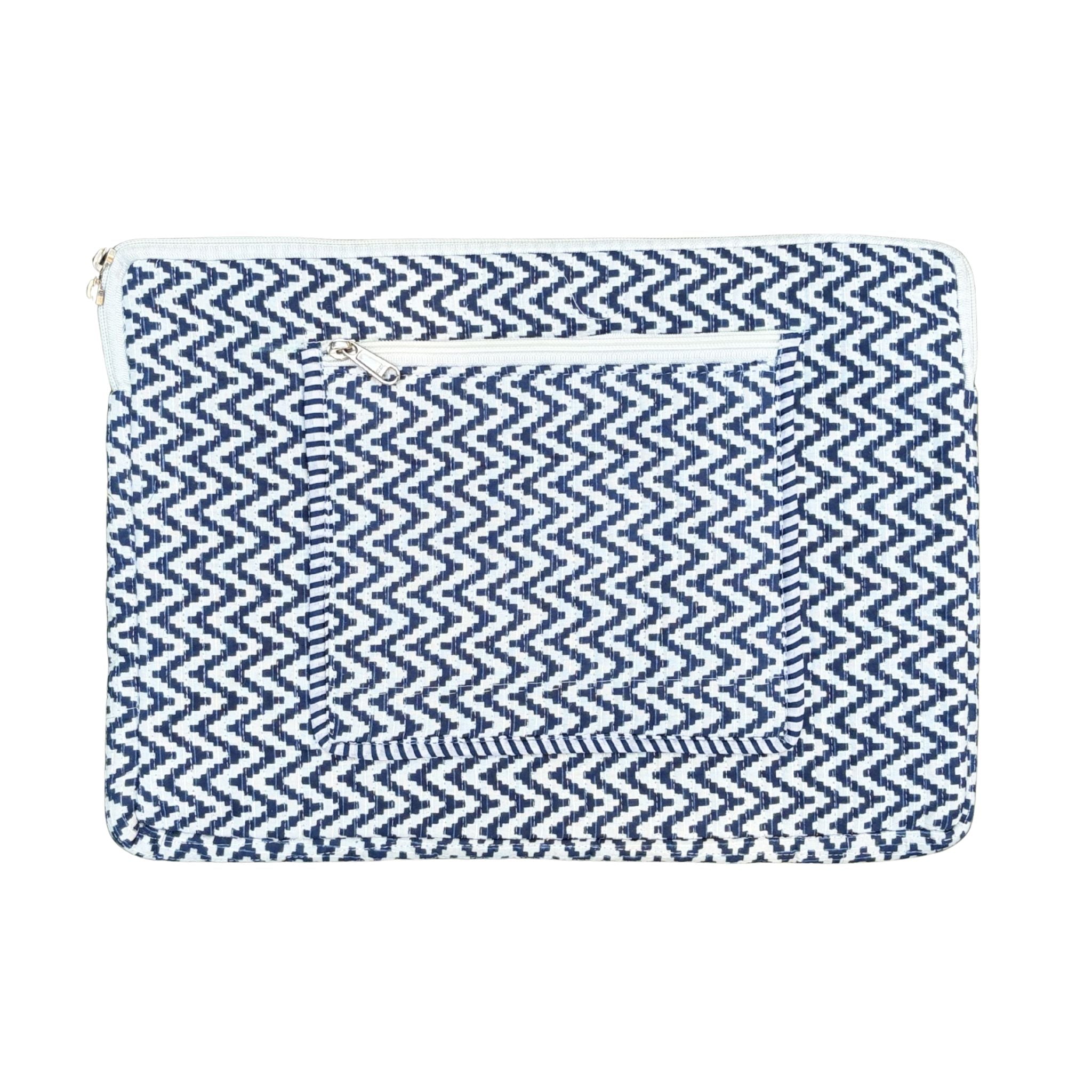 Desert Drift  Block Print Quilted  Cotton Laptop Sleeve with Front Pocket Blue 10"x15"