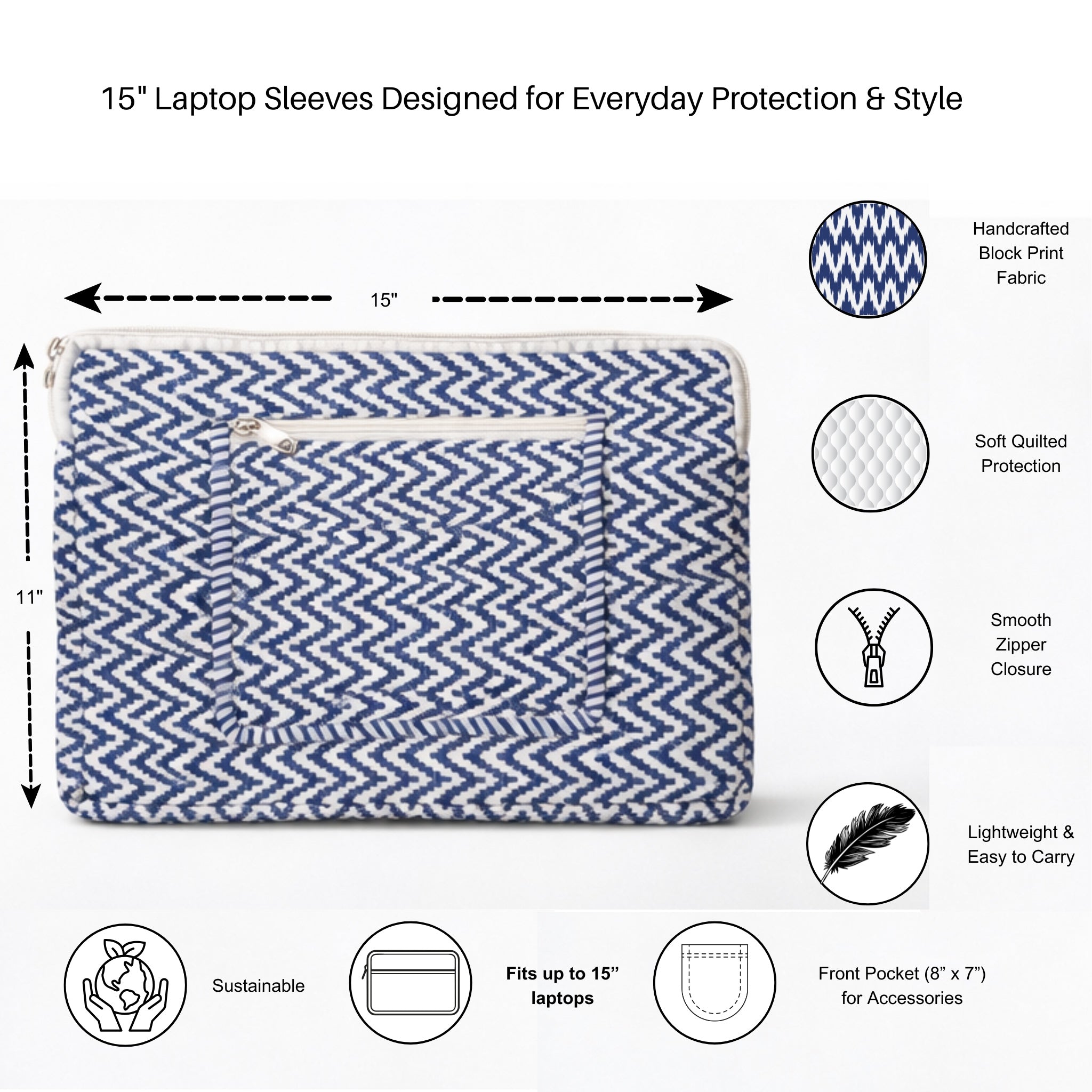 Desert Drift  Block Print Quilted  Cotton Laptop Sleeve with Front Pocket Blue 10"x15"