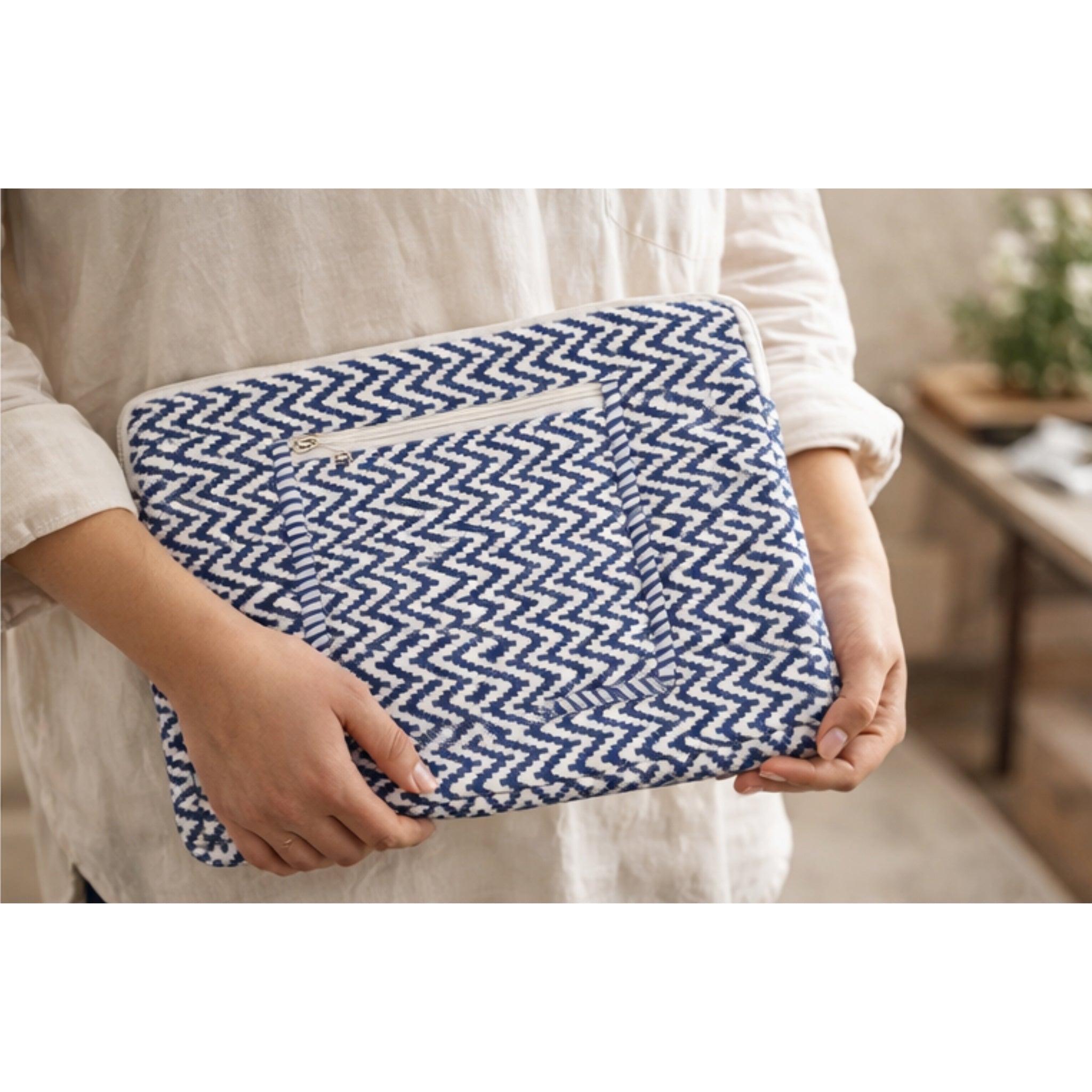Desert Drift  Block Print Quilted  Cotton Laptop Sleeve with Front Pocket Blue 10"x15"